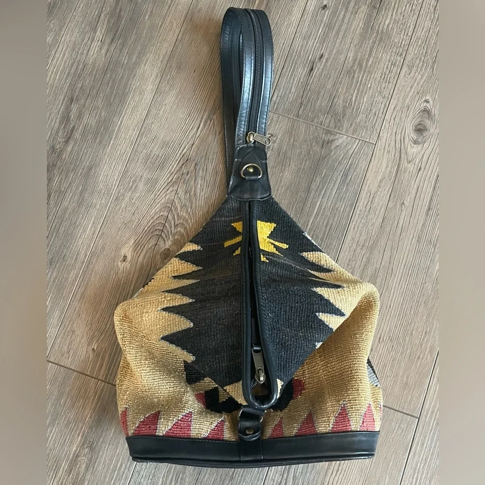 Kilim Black and Tan Tapestry Small Backpack with Black Leather Trim - Picture 3 of 16